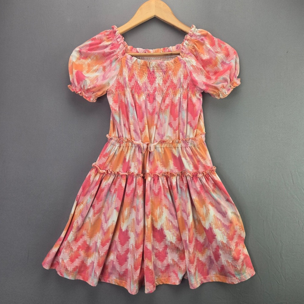 BCBG Girls Dress S 7/8 Pink Orange Ikat Smocked Tiered Ruffle Puff Sleeve Summer